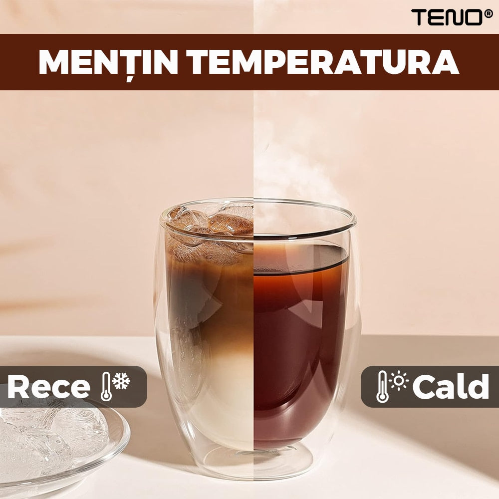 Set 4 Pahare din Sticla cu Perete Dublu Teno®, termorezistente, design modern, capacitate 250 ml, 9 x 8 cm