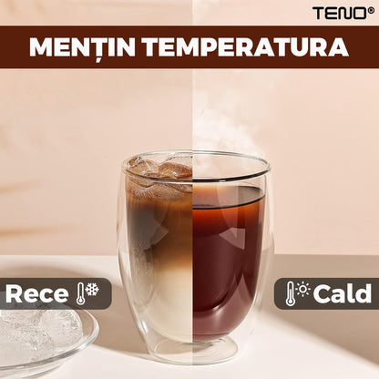 Set 4 Pahare din Sticla cu Perete Dublu Teno®, termorezistente, design modern, capacitate 250 ml, 9 x 8 cm