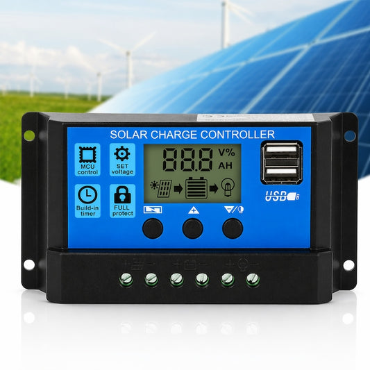 Regulator Tensiune Panou Solar, Macvi®, 20A, 12V 24V, LCD Digital, 2x USB, Controler Incarcare, Protectie Baterie, Negru