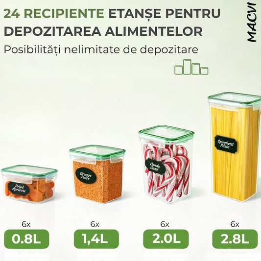 Set 24 organizatoare/recipiente Macvi® pentru depozitare alimentara, etanse, design minimalist, fara BPA, stocabile, cu etichete si lingurite incluse