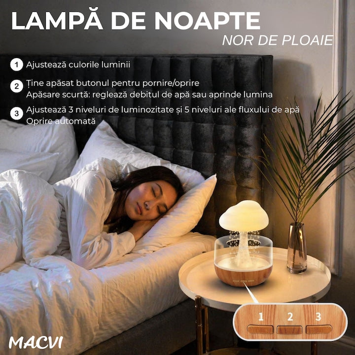 Umidificator si Difuzor Aromaterapie Macvi® Nor de Ploaie, 7 Culori LED, Sunet Relaxant, USB, 400 ml