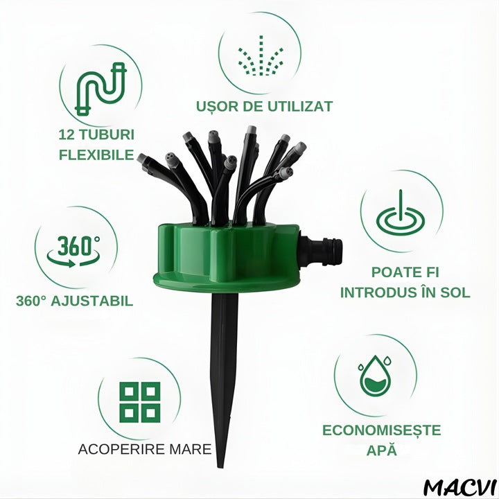 Aspersor Gradina Multifunctional Macvi® 360°, 12 Tuburi Flexibile, Economisire Apa