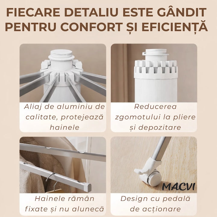 Uscator de rufe vertical Macvi®, 2 nivele, pliabil, mobil, suport umerase, 16 tije, 24 cleme, 170 cm, uscare 360°