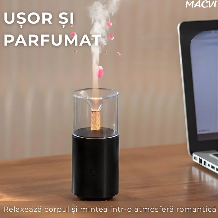 Umidificator Aromaterapie Macvi® cu Efect Flacara Tip Lumanare 250 ml Portabil USB cu Oprire Automata Pulverizare Arome LED Ambiental pentru Dormitor Bucatarie Masina
