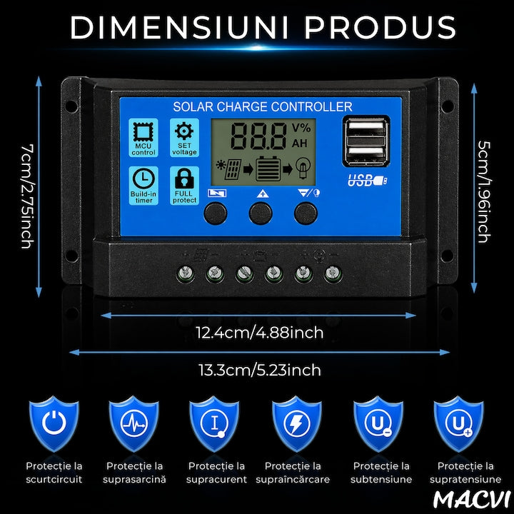 Regulator Tensiune Panou Solar, Macvi®, 20A, 12V 24V, LCD Digital, 2x USB, Controler Incarcare, Protectie Baterie, Negru