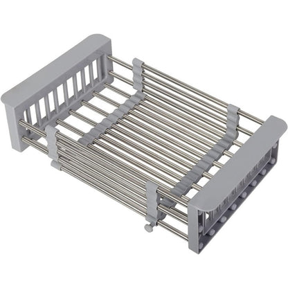 Cos de scurgere pentru chiuveta mica Macvi®, inox si plastic alimentar, 46x16 cm, extensibil, pentru legume, fructe si vase