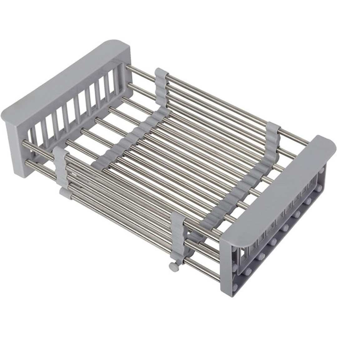 Cos de scurgere pentru chiuveta mica Macvi®, inox si plastic alimentar, 46x22 cm, extensibil, pentru legume, fructe si vase
