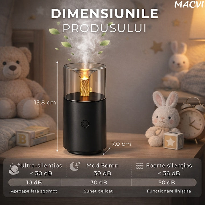 Umidificator Aromaterapie Macvi® cu Efect Flacara Tip Lumanare 250 ml Portabil USB cu Oprire Automata Pulverizare Arome LED Ambiental pentru Dormitor Bucatarie Masina