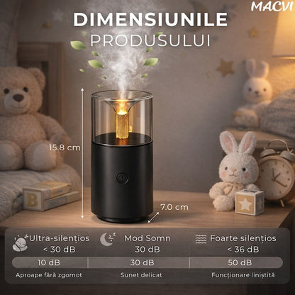 Umidificator Aromaterapie Macvi® cu Efect Flacara Tip Lumanare 250 ml Portabil USB cu Oprire Automata Pulverizare Arome LED Ambiental pentru Dormitor Bucatarie Masina