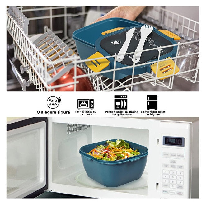Caserola Alimentara Macvi® 1.7L cu 4 Compartimente si Recipient Sos Lunch Box BPA Free