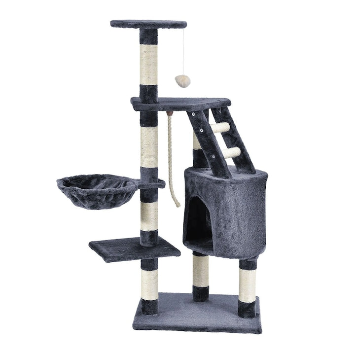 Ansamblu de Joaca pentru Pisici Teno®, tip turn, 1 platforma de observatie, 4 niveluri, 1 casuta, scara, franghie si mingiute de joaca, stalpi pentru zgariat, captuseala extra moale, structura stabila, 118 cm, gri inchis