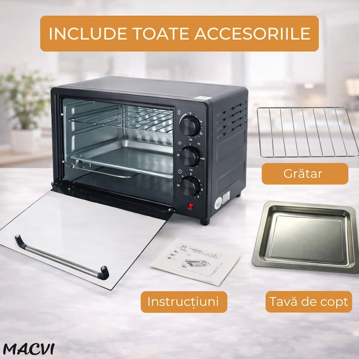 Cuptor Electric de Bucatarie Macvi® 2600W, 48L, Temperatura Reglabila 250°C, 4 Moduri Incalzire, Tava de Copt, Gratar, Functie Rotisor