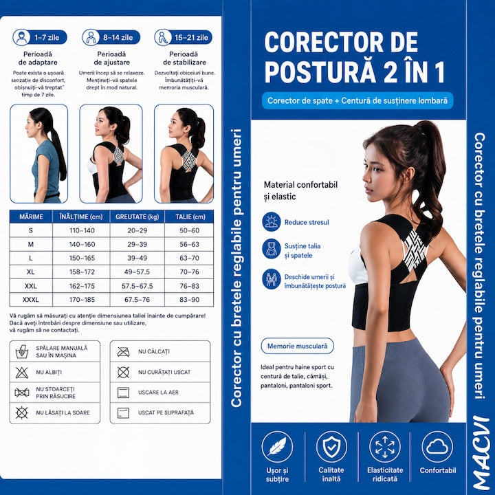 Corector Postura Macvi® 2 in 1 pentru Spate si Coloana, Centura Reglabila cu Bretele, Sustinere Lombara si Umeri, Reduce Disconfortul la Gat si Spate, Material Respirabil, Unisex, Negru, Marimea S
