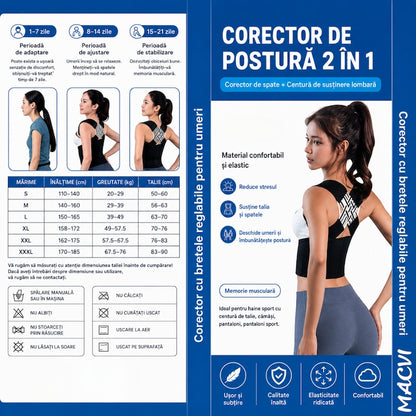 Corector Postura Macvi® 2 in 1 pentru Spate si Coloana, Centura Reglabila cu Bretele, Sustinere Lombara si Umeri, Reduce Disconfortul la Gat si Spate, Material Respirabil, Unisex, Negru, Marimea L
