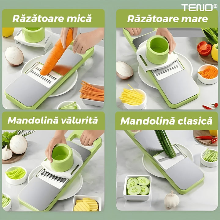 Feliator 7 in 1 Teno®, 5 accesorii de feliere, materiale rezistente, waterproof, protectie pentru mana, mandoline si razatoare, recipient de depozitare, verde deschis