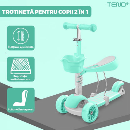Trotineta pentru Copii 2 in 1 Teno®, scaunel incorporat, lumini,3 roti, cosulet frontal, anti-aluncare, inaltime ajustabila, stabila, frana, incorporata, 3-11 ani, turcoaz