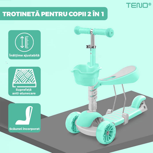 Trotineta pentru Copii 2 in 1 Teno®, scaunel incorporat, lumini,3 roti, cosulet frontal, anti-aluncare, inaltime ajustabila, stabila, frana, incorporata, 3-11 ani, turcoaz