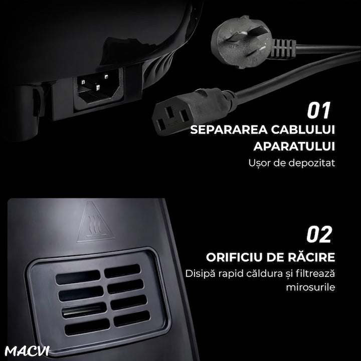 Friteuza cu Aer Cald Macvi®, Air Fryer, Filtru de Aer Integrat, 6 Programe, Putere 2400W, Control Temperatura, Cronometru Reglabil, Capacitate 6L