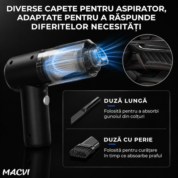 Aspirator Auto Portabil Macvi® 2 in 1, Aspirare si Suflare, Putere Aspiratie 5500 Pa, Motor 62.000 RPM, Baterie Duala 1500 mAh 7.4V, Filtru HEPA Lavabil, Incarcare USB, Accesorii Incluse, Negru