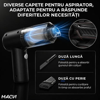 Aspirator Auto Portabil Macvi® 2 in 1, Aspirare si Suflare, Putere Aspiratie 5500 Pa, Motor 62.000 RPM, Baterie Duala 1500 mAh 7.4V, Filtru HEPA Lavabil, Incarcare USB, Accesorii Incluse, Negru