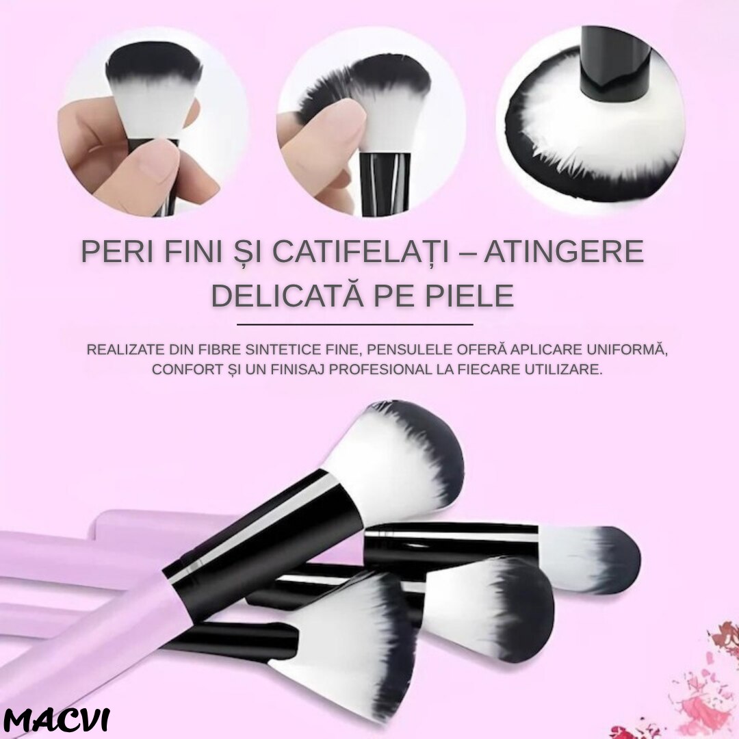 Set Macvi® 12 Pensule Machiaj cu Cutie pentru Depozitare, Design Modern Roz, Peri Sintetici de Inalta Calitate, Ideal pentru Machiaj Profesional si de Zi cu Zi