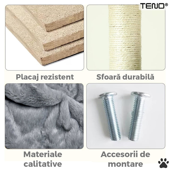 Ansamblu de Joaca pentru Pisici Teno®, cu 3 platforme de observatie, 5 niveluri, 3 casute, franghie si minge de joaca, stalpi pentru zgariat, captuseala extra moale, structura stabila, 164 cm, gri deschis