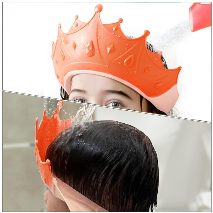 Palarie de Baie pentru Copii Teno®, protectie impotriva samponului pentru ochi si urechi, reglabila, forma coroana rege/regina, roz