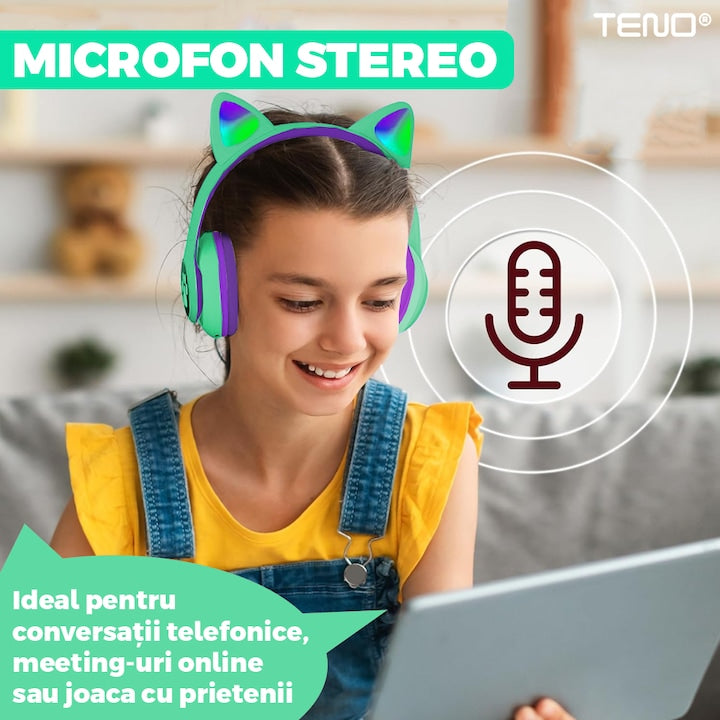Casti Wireless Model Pisica Teno®, overear, urechi de pisica cu iluminare RGB, bluetooth 5.0, handsfree, HiFi, bass stereo, menta/mov