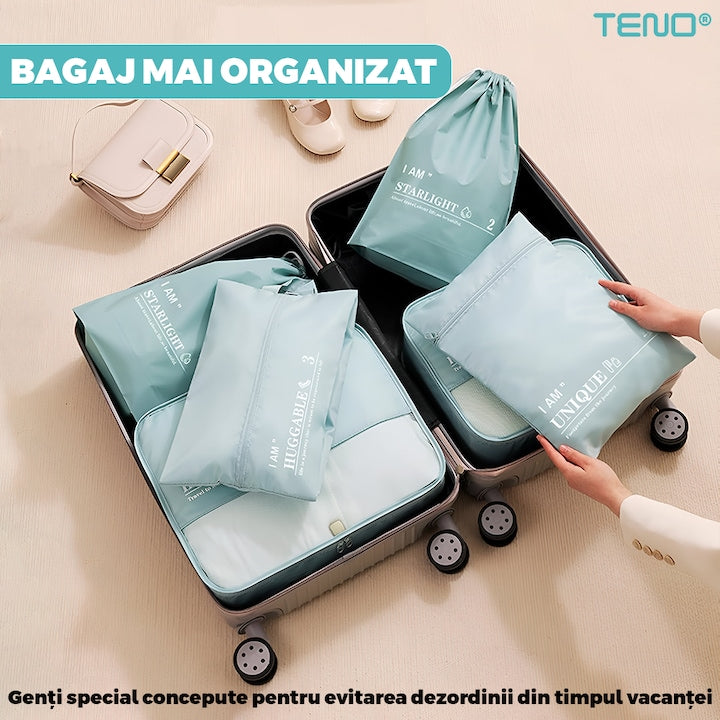 Set 6 Organizatoare Teno®, pentru calatorie, diferite marimi, bagaj de voiaj, valiza, troler, genti, haine, accesorii, inchidere cu fermoar dublu, plasa, turcoaz
