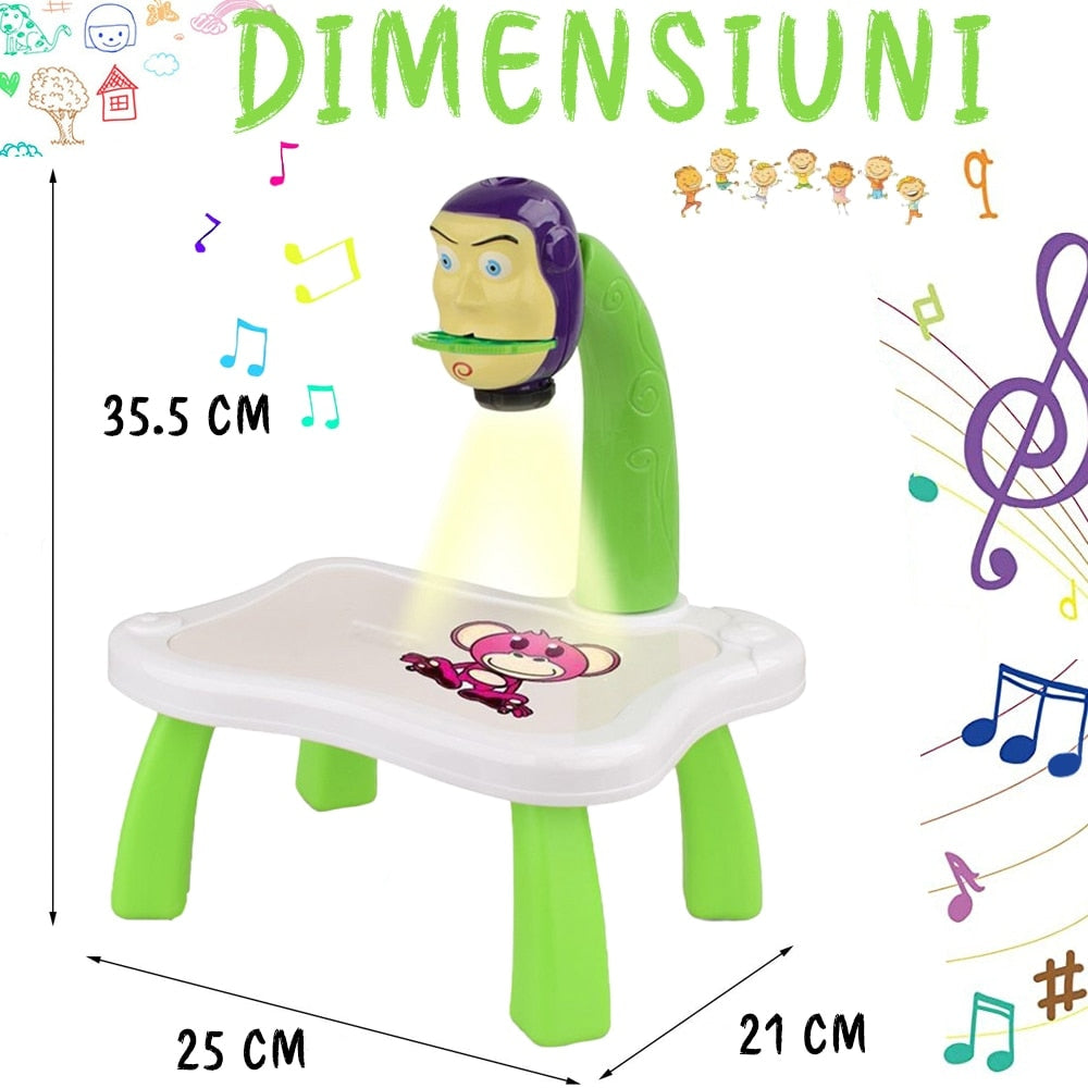 Jucarie educationala Macvi® tip tabla cu proiector, hologram, 3 discuri, 24 sabloane, 12 carioci, masa de desen Toy Story, verde