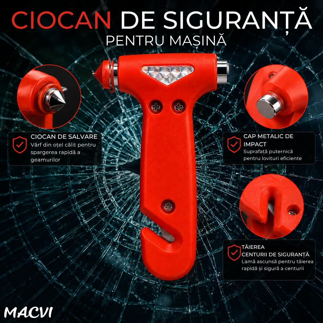 Ciocan Profesional Macvi® pentru Spargerea Geamurilor cu Suport si Cutter pentru Centura