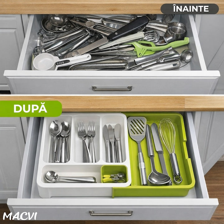 Suport modular extensibil Macvi® pentru tacamuri, 29-48 cm, ABS, alb-verde, organizator sertare