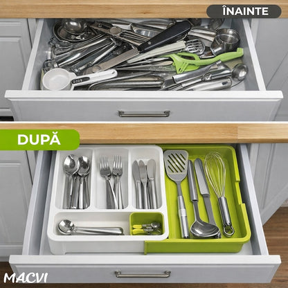 Suport modular extensibil Macvi® pentru tacamuri, 29-48 cm, ABS, alb-verde, organizator sertare