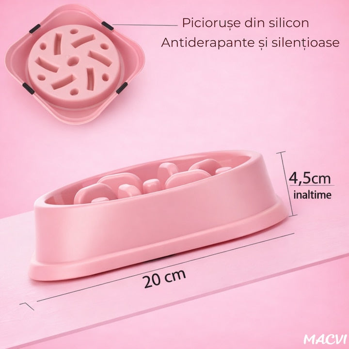 Alimentator Lent pentru Animale Macvi®, Bol Antiderapant Hranire Lenta pentru Caini si Pisici Design Interior AntiInghitire Material Sigur Usor de Curatat Rezistent, Roz