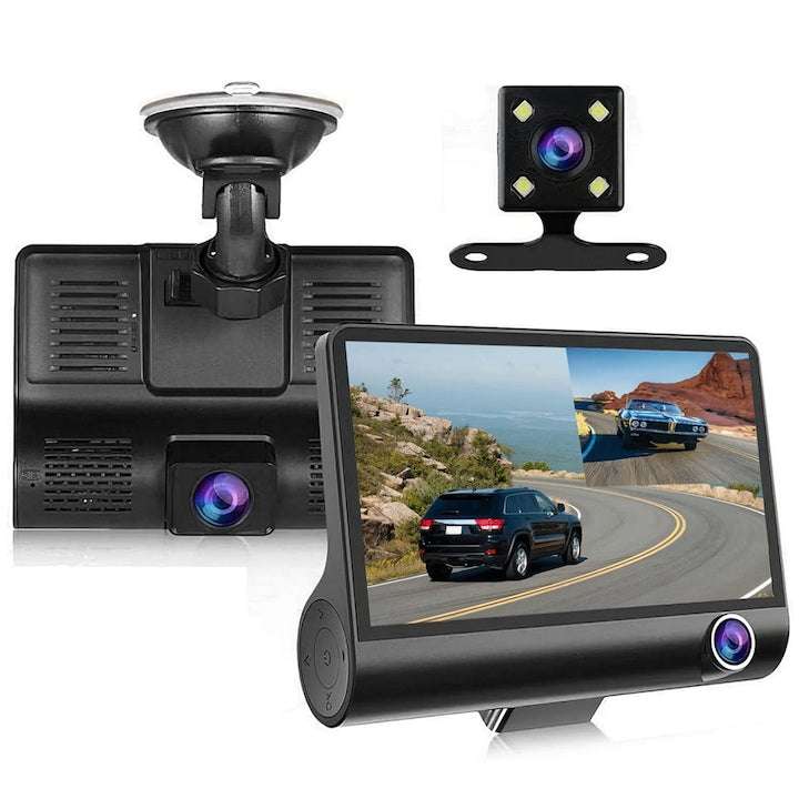 Camera Auto Tripla Teno®, fata, spate, interior, laterale, vizualizare unghi de 140°, camera marsarier, ecran de 4”, LED, full HD 1080p, loop recording, negru