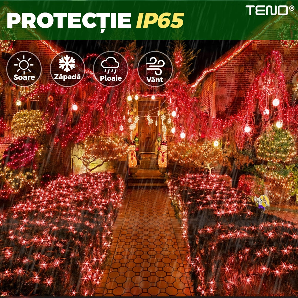 Instalatie de Craciun Liniara Teno®, 100 m, 8 jocuri de lumini, alimentare la priza, interior/exterior, rezistenta la apa, 480 LED-uri, rosu