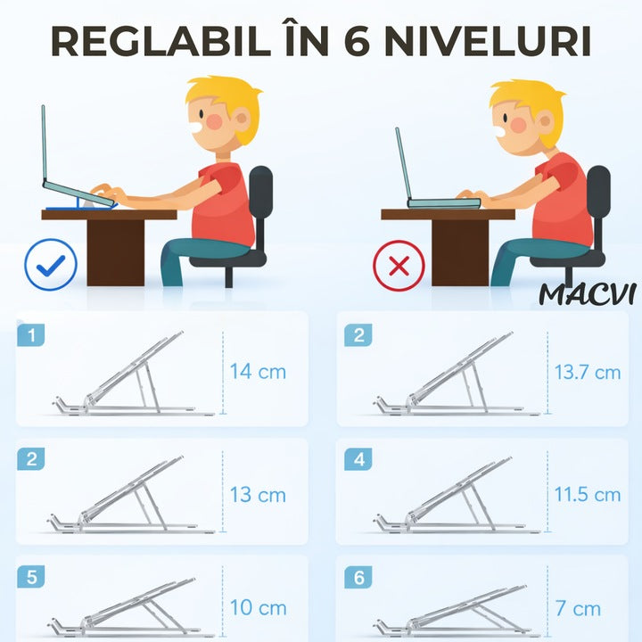 Suport laptop ergonomic Macvi® din aluminiu ,ajustabil 6 nivele, husa de protectie, disipare caldura, antialunecare, compatibil 10-15.6 inch, argintiu