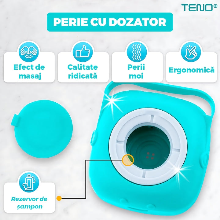 Perie din Silicon cu Dozator Teno®, universala, pentru oameni/animale, curatenia casei si a masinii, capacitate de sapun/sampon ridicata, silicon sigur, peri moi, multifunctionala, reutilizabila, turcoaz