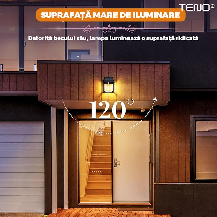 Lampa Solara de Perete LED Tip Felinar Teno®, senzor de miscare 5-8 metri, fara fir, 3 moduri de iluminare, protectie IP65, Waterproof, exterior, negru