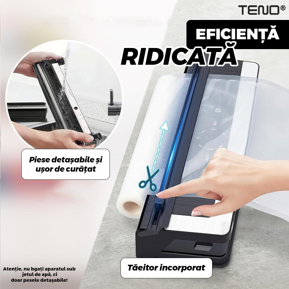 Aparat de Vidat si Sigilat PRO Teno®, functie de sigilare si vidare automata, vidare externa, 8 moduri de operare, putere ridicata, 65 kpa, furtun inclus, cutter incorporat, afisaj digital, negru