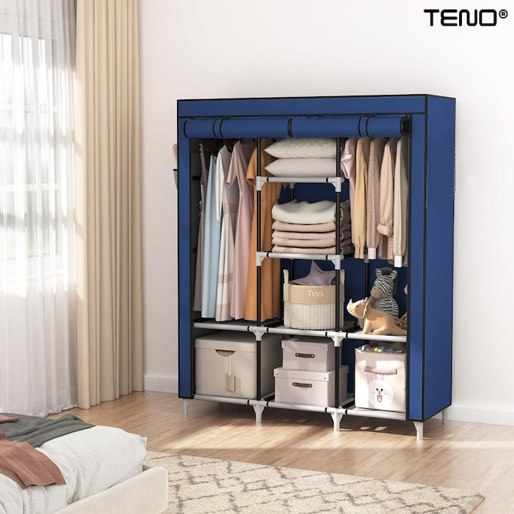 Dulap din Material Textil pentru Haine si Incaltaminte Teno®, impermeabil, 8 rafturi, inchidere fermoar, suport umerase, cadru otel, 170 cm, albastru