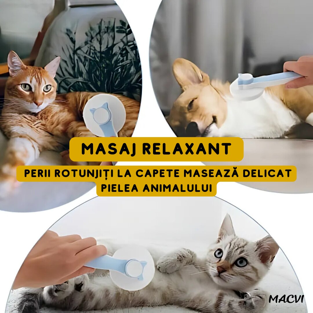 Perie auto-curatare Macvi® pentru caini si pisici, indeparteaza parul mort si incalcit, masaj pentru circulatie, tepi din otel inoxidabil, maner ergonomic