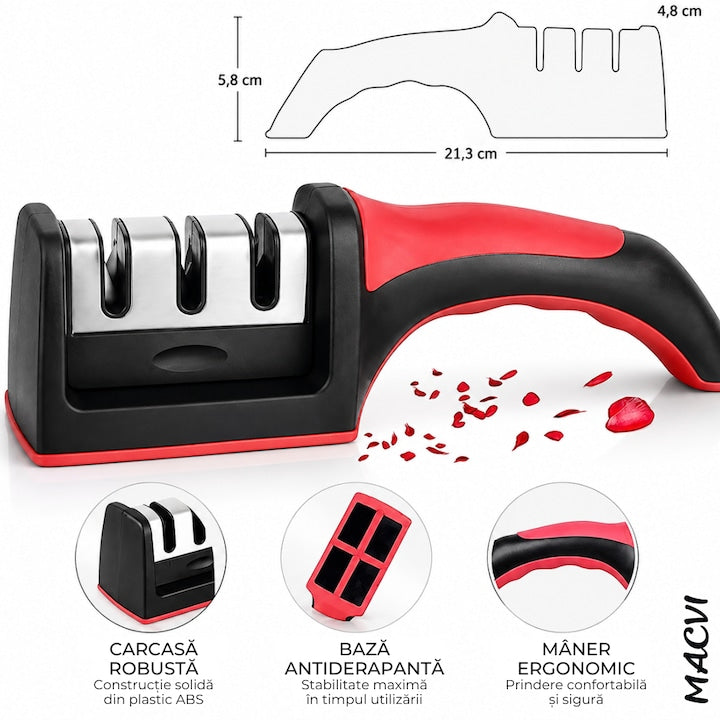 Ascutitor Manual Cutite Macvi® 3 in 1, 3 Etape de Ascutire, Otel Inoxidabil + Ceramica, Cap Detasabil, Maner Ergonomic, Baza Antiderapanta, ABS, 21.3 x 5.8 x 4.8 cm, Negru/Rosu