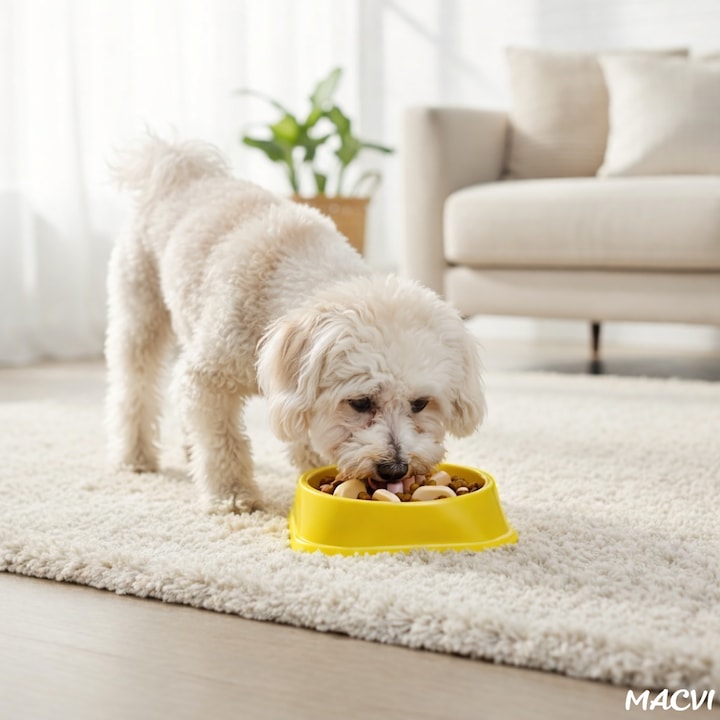 Alimentator Lent pentru Animale Macvi®, Bol Antiderapant Hranire Lenta pentru Caini si Pisici Design Interior AntiInghitire Material Sigur Usor de Curatat Rezistent, Galben