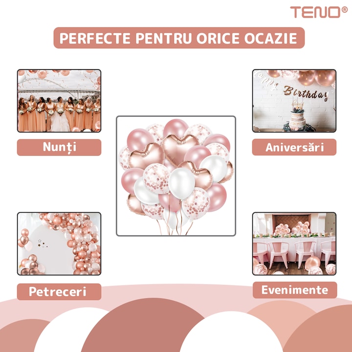 Set 48 Baloane Teno®, Confeti, Inimioara, pentru Petreceri/Aniversari/Evenimente, o singura dimensiune, 2 culori, latex, rose gold