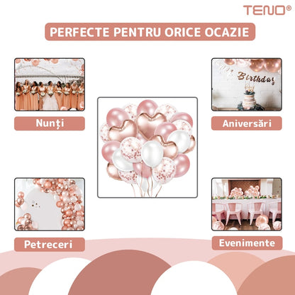 Set 48 Baloane Teno®, Confeti, Inimioara, pentru Petreceri/Aniversari/Evenimente, o singura dimensiune, 2 culori, latex, rose gold