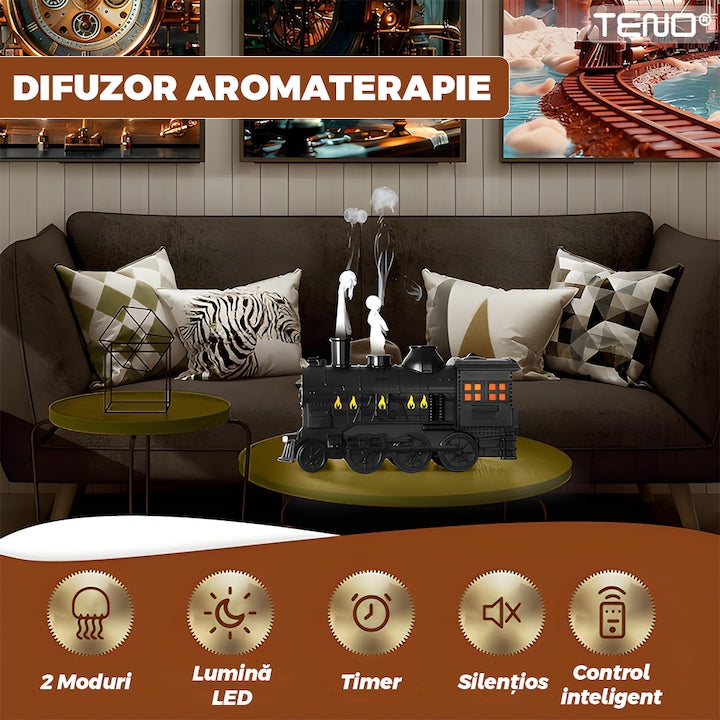 Difuzor Aromaterapie Teno®, forma de locomotiva, culori LED, lumini dinamice, control cu butoane, 2 moduri, capacitate 300ml, silentios, umidifica aerul, negru