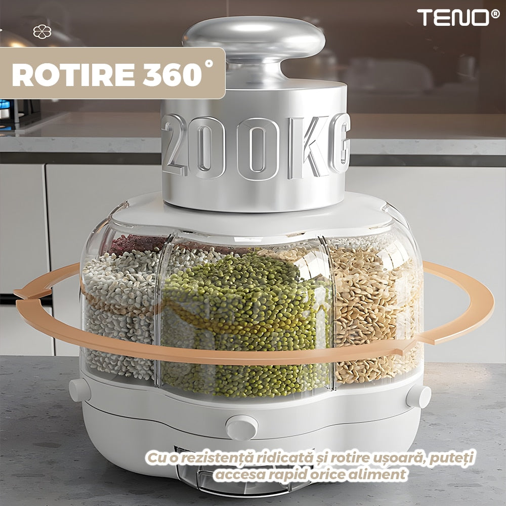 Dozator rotativ Macvi® pentru cereale si alimente uscate, 6 compartimente, capacitate 6.5 kg, sertar detasabil, alb, rotire 360°