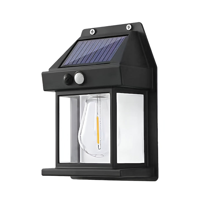 Lampa Solara de Perete LED Tip Felinar Teno®, senzor de miscare 5-8 metri, fara fir, 3 moduri de iluminare, protectie IP65, Waterproof, exterior, negru