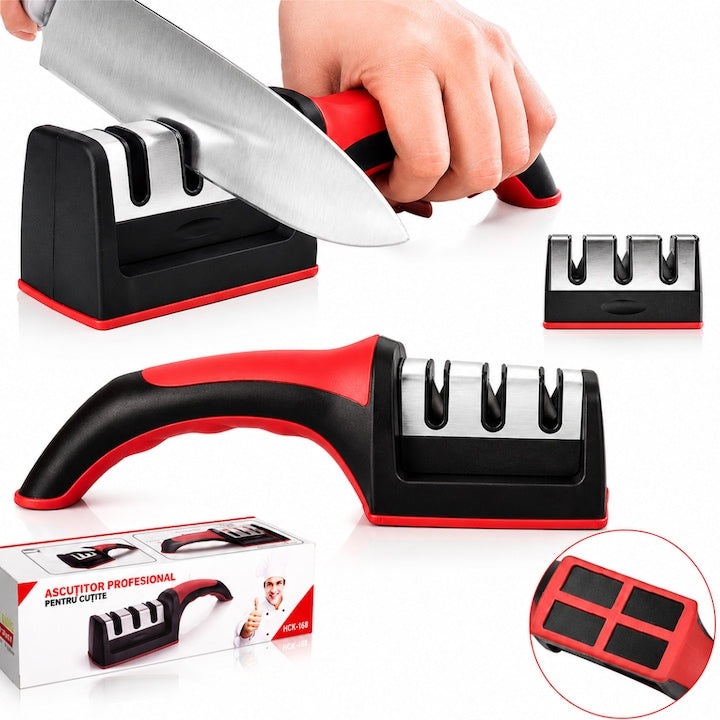 Ascutitor Manual Cutite Macvi® 3 in 1, 3 Etape de Ascutire, Otel Inoxidabil + Ceramica, Cap Detasabil, Maner Ergonomic, Baza Antiderapanta, ABS, 21.3 x 5.8 x 4.8 cm, Negru/Rosu